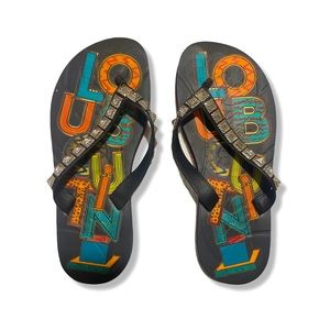 CHRISTIAN LOUBOUTIN Colorful Studded Flip Flops size 9